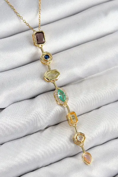 Pirinç Renkli Zirkon Taşlı Model Gold Renk 7 Element Kadın Y Kolye TJ-BKO10439