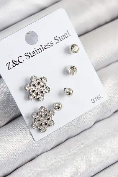 316L Çelik Zirkon Taşlı Kar Tanesi Model Gümüş Renk Kadın Set Küpe TJ-BKP11121