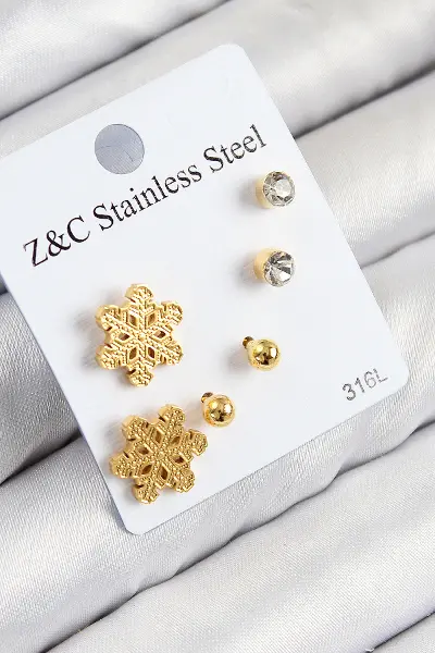 316L Çelik Zirkon Taşlı Kar Tanesi Model Gold Renk Kadın Set Küpe TJ-BKP11122