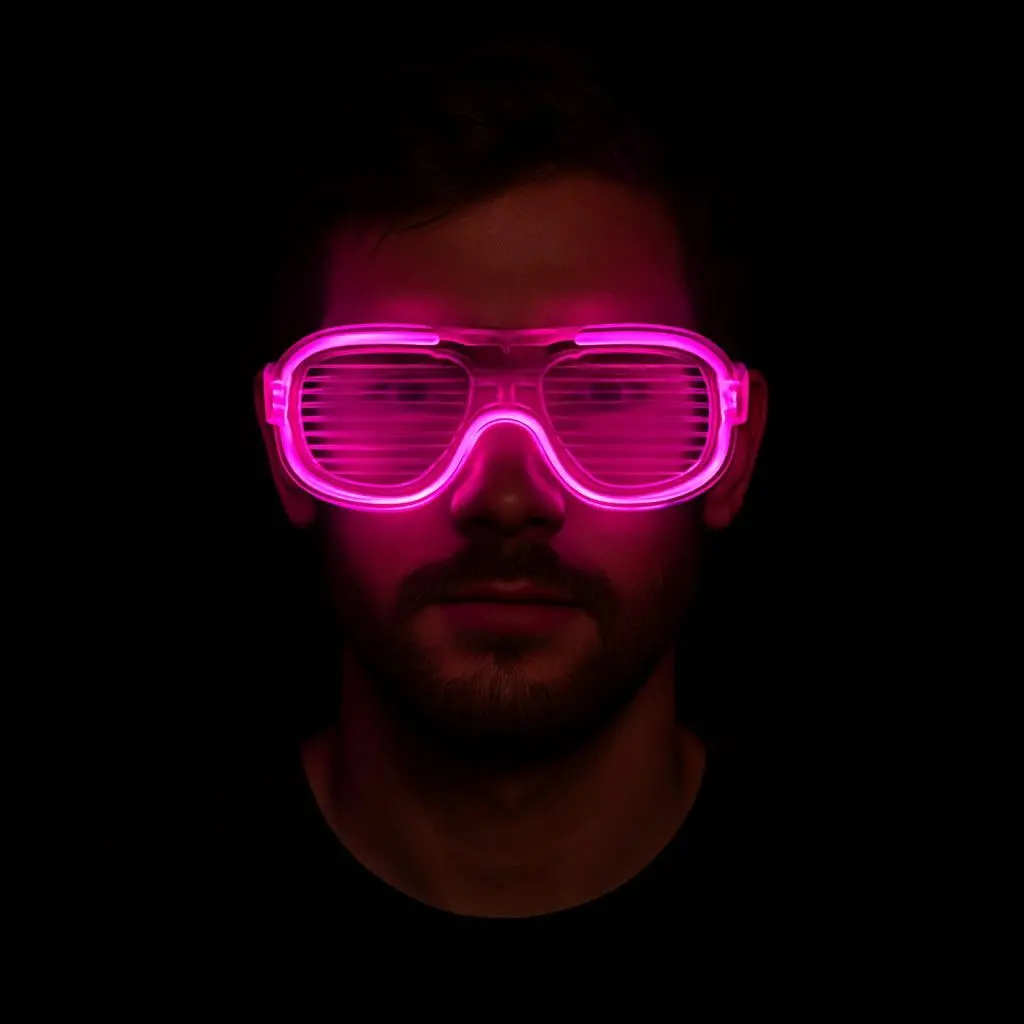 Pembe Led Işıklı Parti Gözlüğü - Neon Glow Şerit Gözlük 3 Modlu