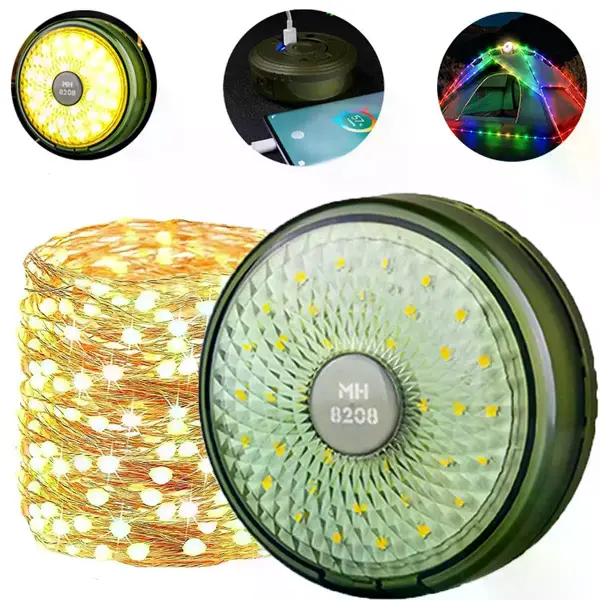 Şarjlı 10 Metre Ledli Şarj Göstergeli 8 Işık Modlu Hareketli Ve Flaşör Modlu Kamp Lambası Led Işık