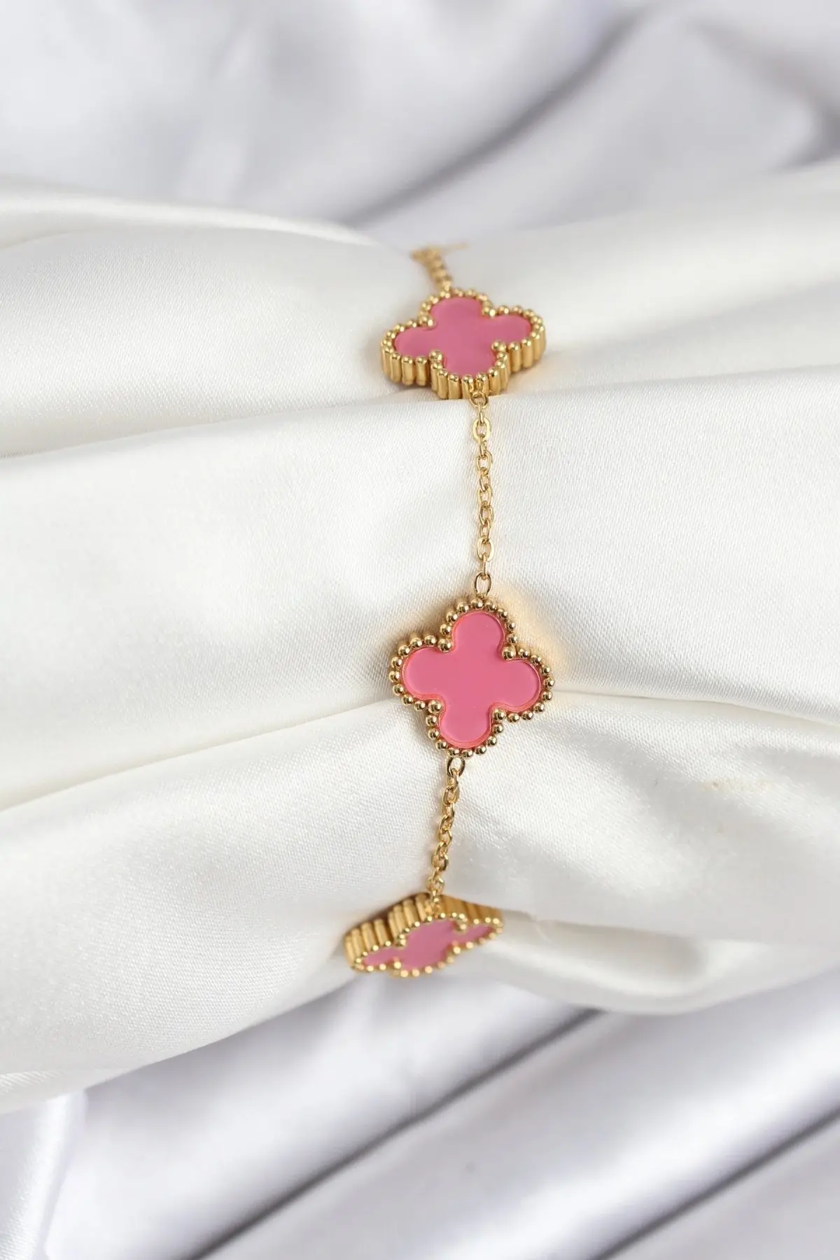 316L Çelik Gold Zincir Pembe Yonca Renk Bileklik TJ-BB7908