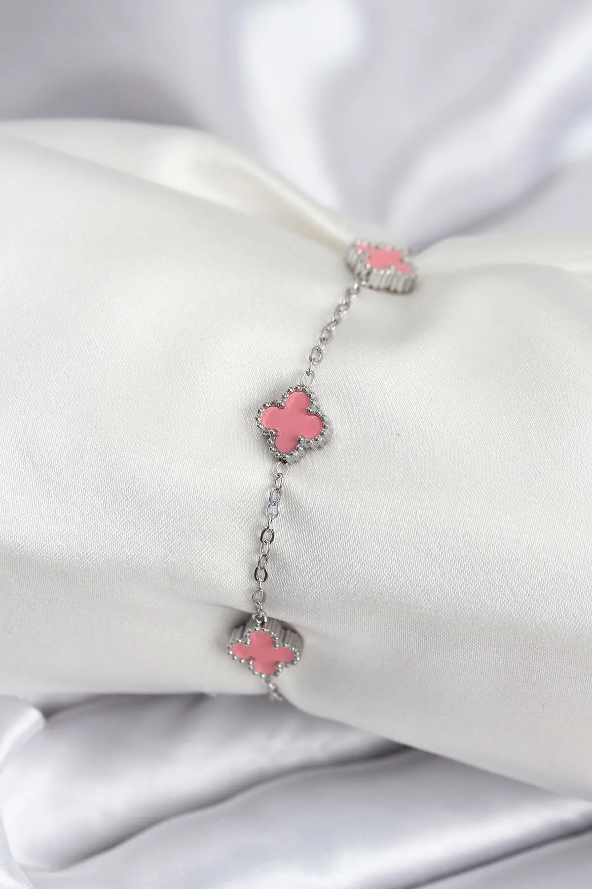 316L Çelik Gümüş Renk Pembe Baby Boy Yonca Kadın Bileklik TJ-BB7947