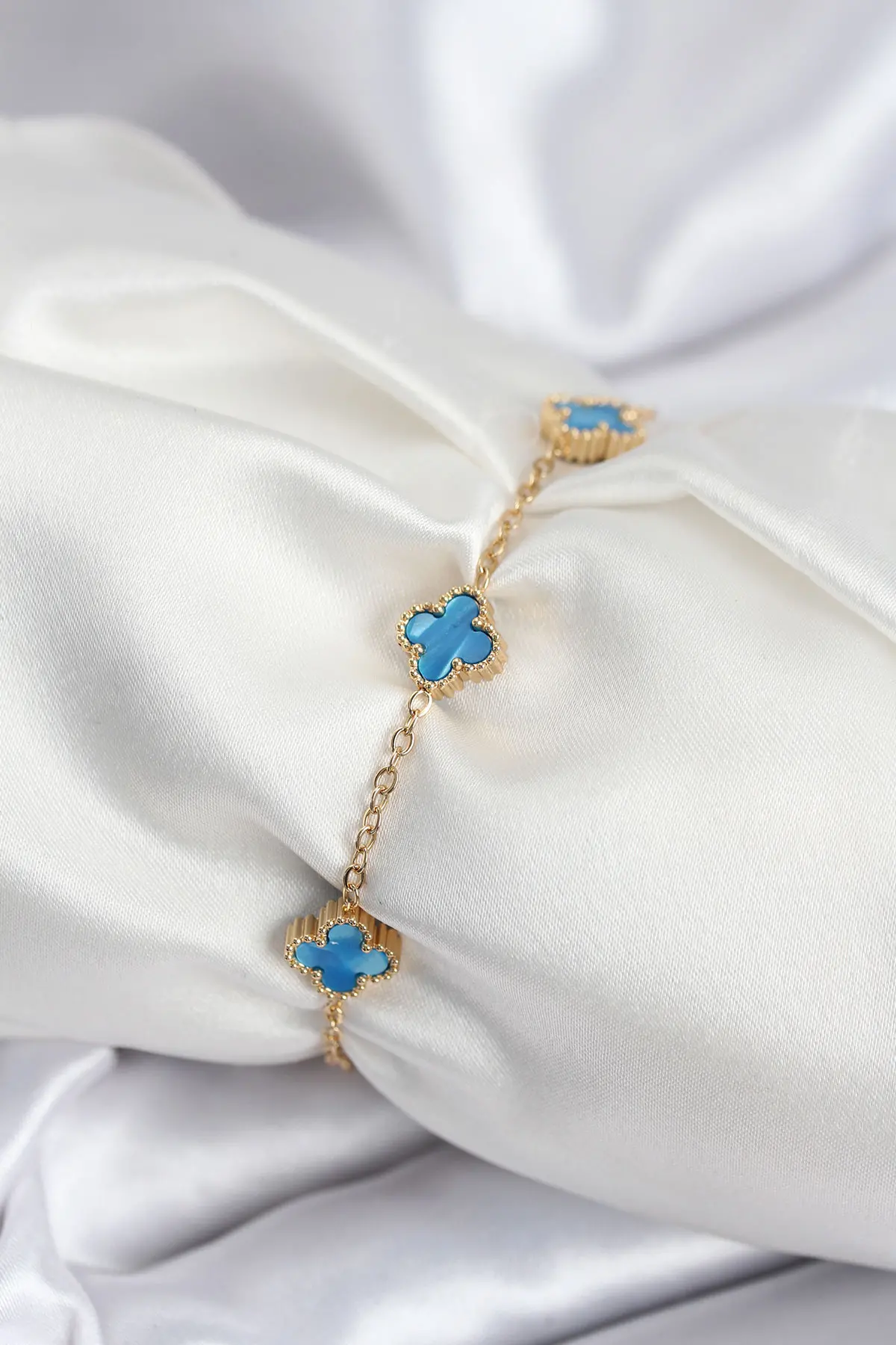 316L Çelik Gold Renk Buz Mavisi Baby Boy Yonca Kadın Bileklik TJ-BB7948