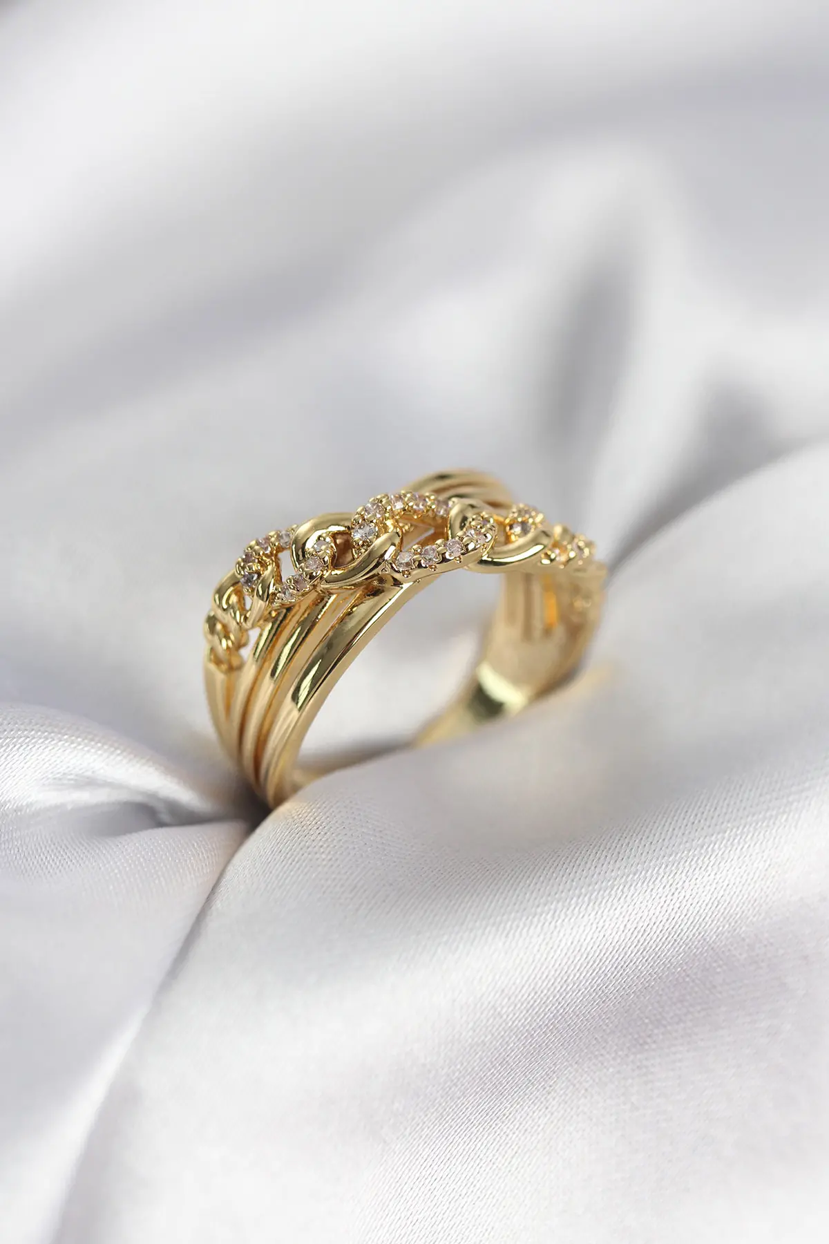 Gold Renk Zirkon Taşlı Zincir Model Kadın Yüzük TJ-BYK3971
