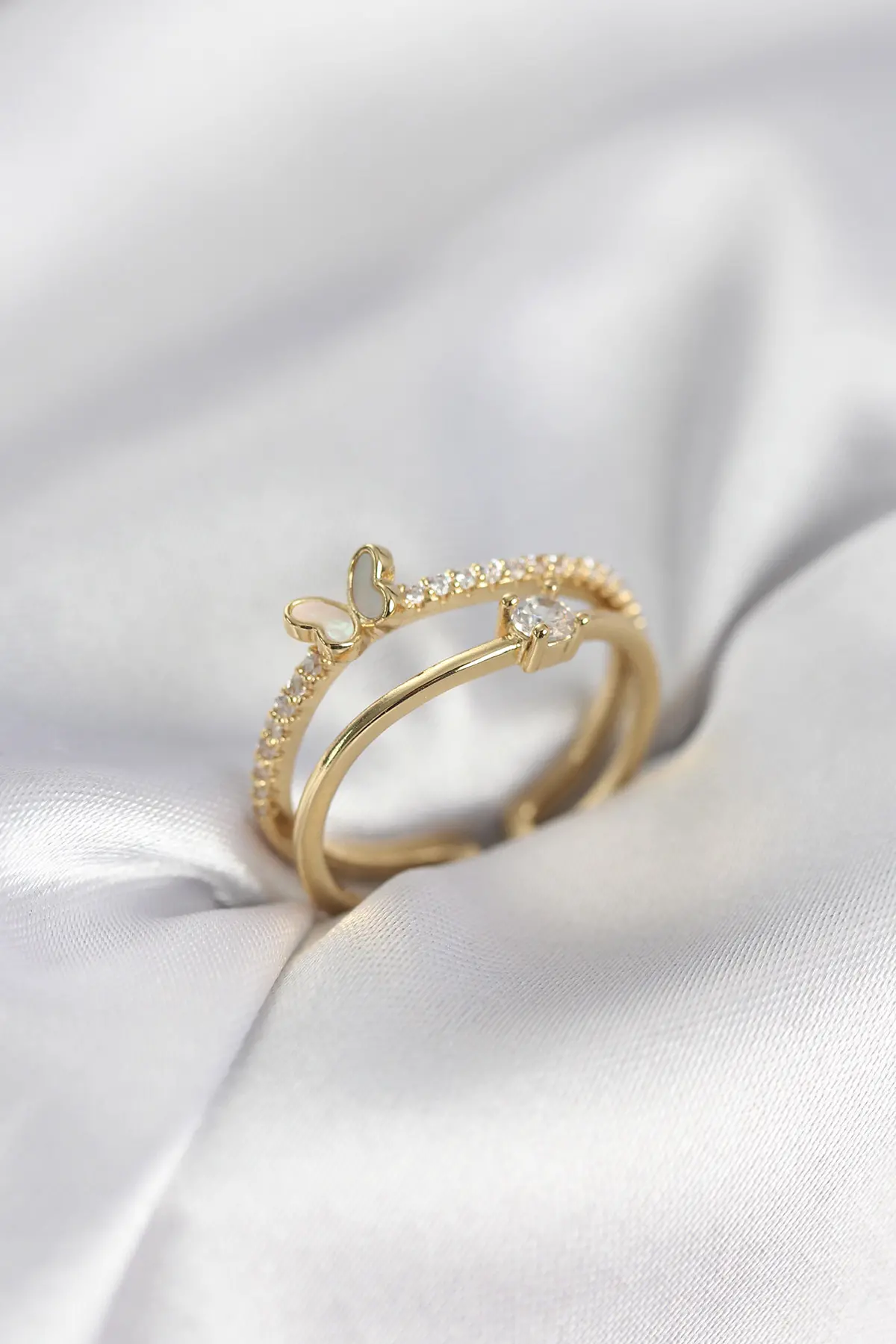 Gold Renk 2'li Zirkon Taşlı Model Kadın Yüzük TJ-BYK3977