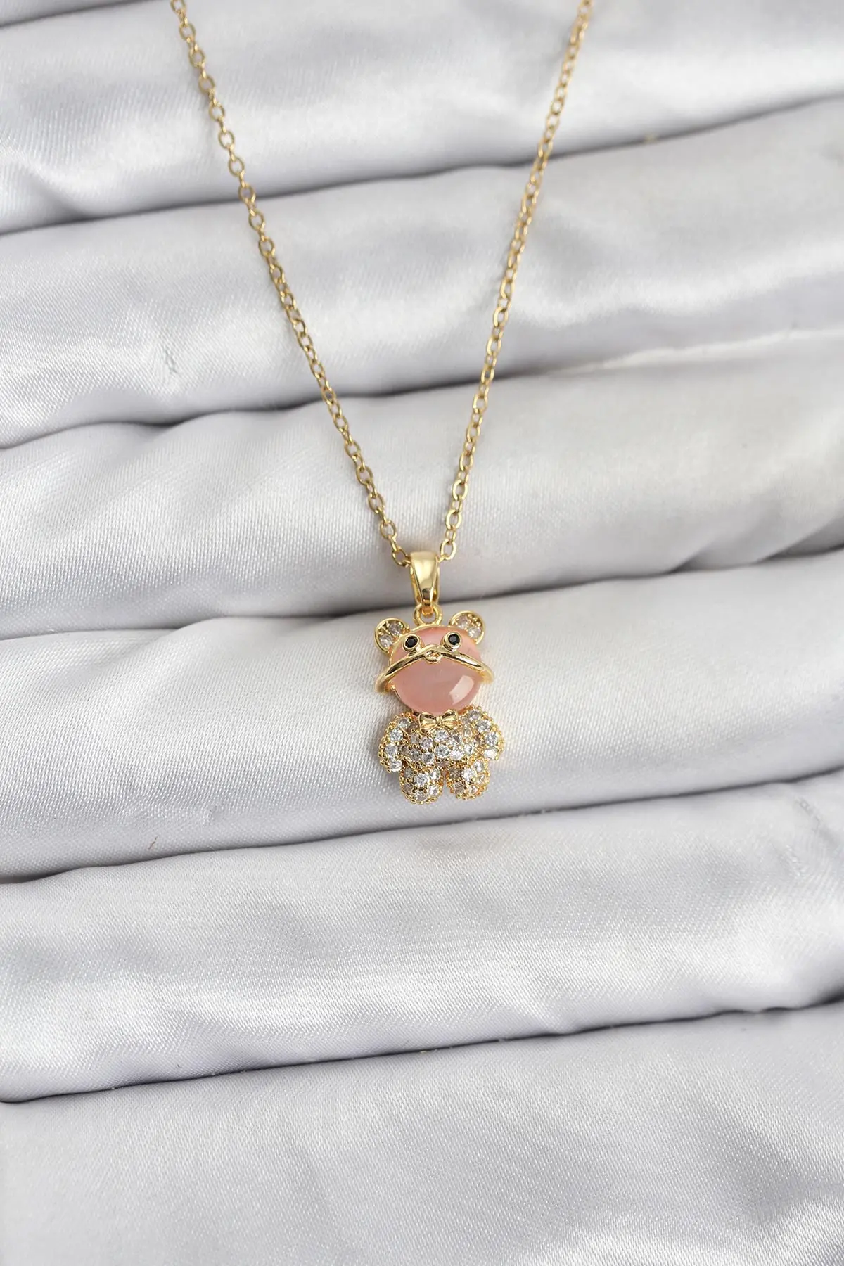 316L Çelik Zincir Gold Renk Teddy Bear Model Zirkon Taşlı Kadın Kolye TJ-BKO10852