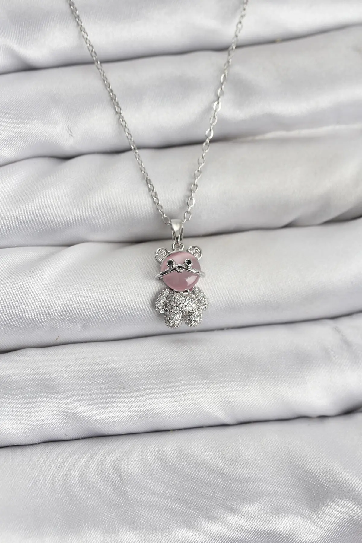 316L Çelik Zincir Gümüş Renk Teddy Bear Model Zirkon Taşlı Kadın Kolye TJ-BKO10853