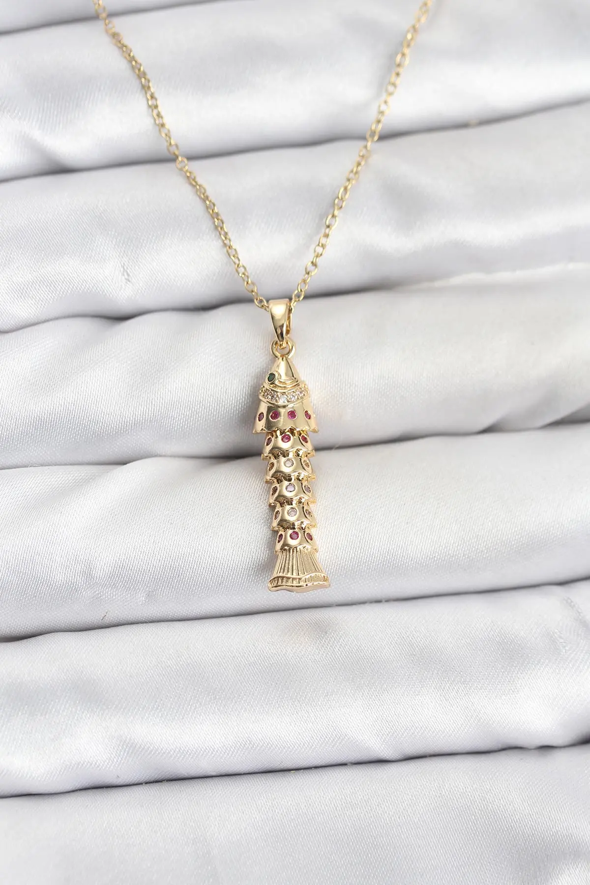 316L Çelik Zincir Gold Renk Balık Model Zirkon Taşlı Kadın Kolye TJ-BKO10885