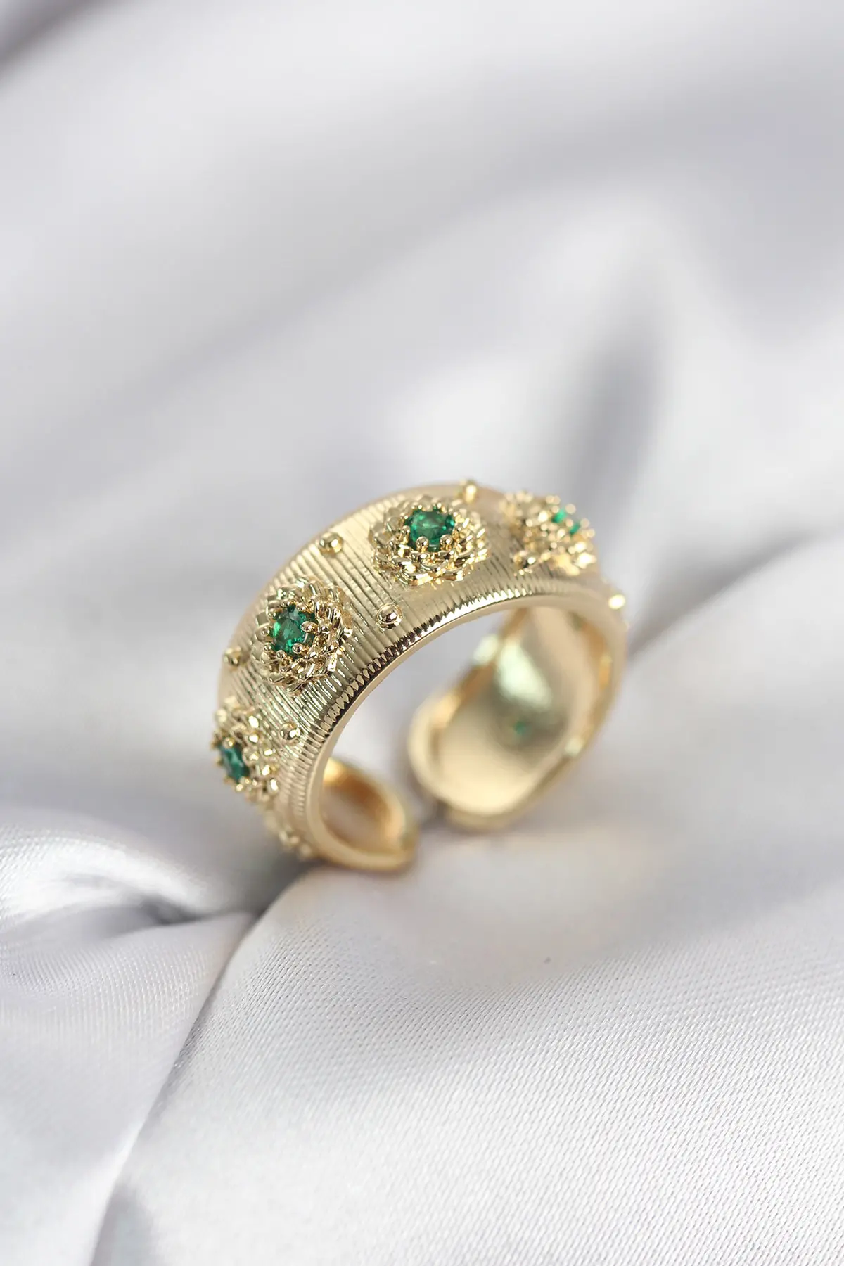 Yeşil Zirkon Taşlı Gold Renk Vintage Kadın Yüzük TJ-BYK4084