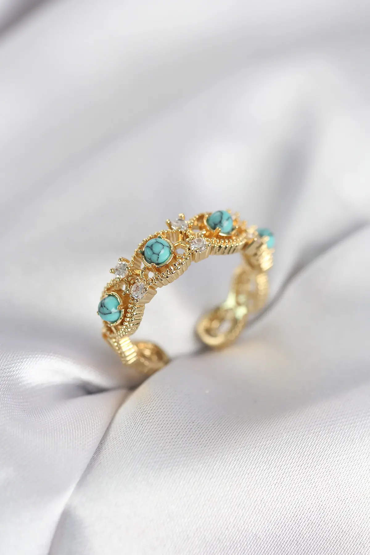 Mavi Taşlı Gold Renk Vintage Kadın Yüzük TJ-BYK4141
