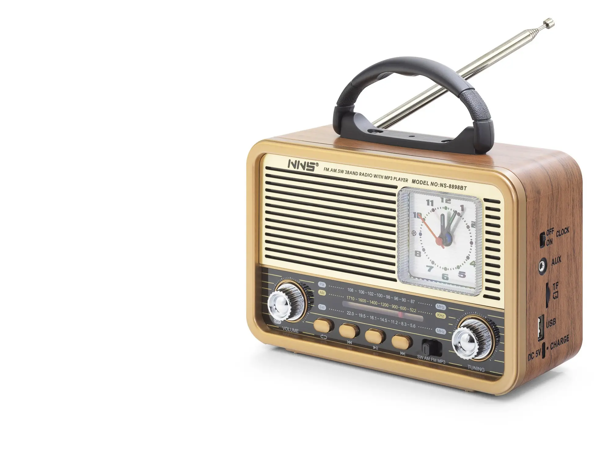Bluetooth Nostaljik Hoparlör Fm Retro Saatli 20 X 10.2 X 14.5 Cm NS8898BT