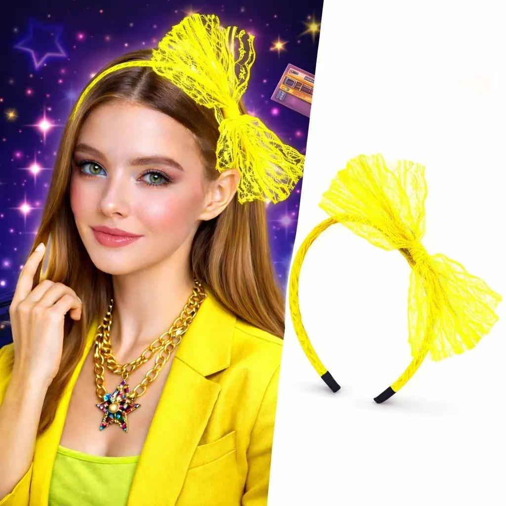 80’ler 90’lar Neon Sarı Dantel Taç Fiyonklu