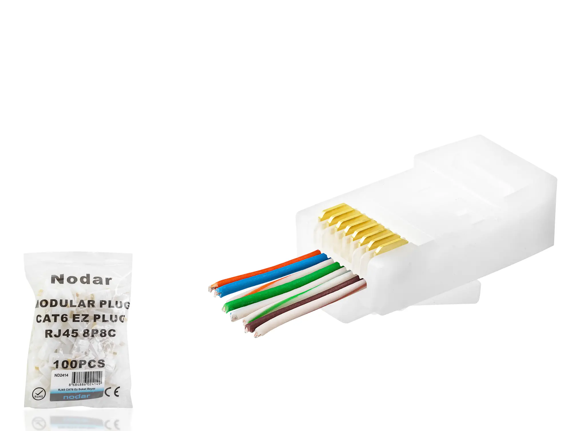Cat6 Ez Rj45 Konnektör - 100 Adet Beyaz / Ekonomik Poşet Paket ND2414