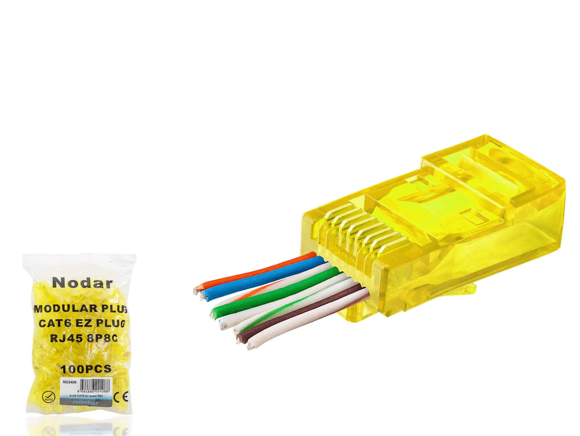 Cat6 Ez Rj45 Konnektör - 100 Adet Sari / Ekonomik Poşet Paket ND2408