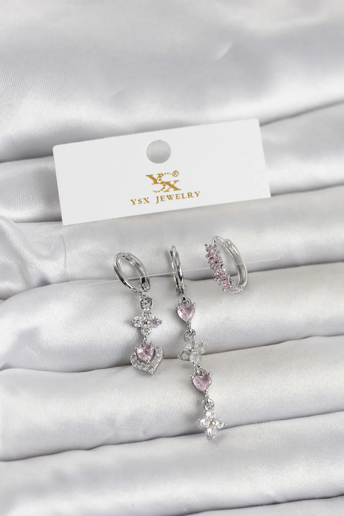 Pirinç Gümüş Renk Pembe Zirkon Taşlı 3'lü Kadın Küpe TJ-BKP11706