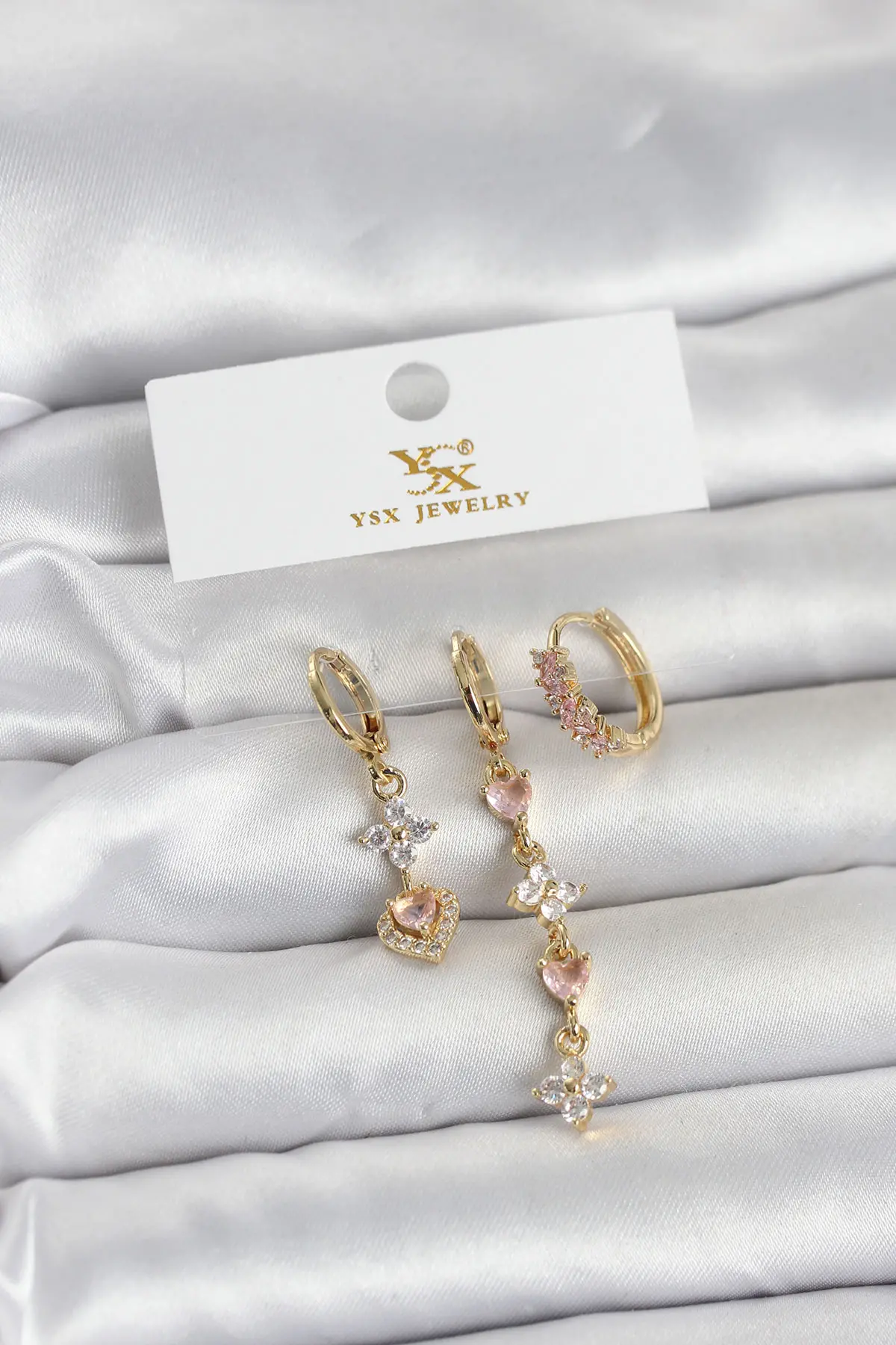 Pirinç Gold Renk Pembe Zirkon Taşlı 3'lü Kadın Küpe TJ-BKP11707
