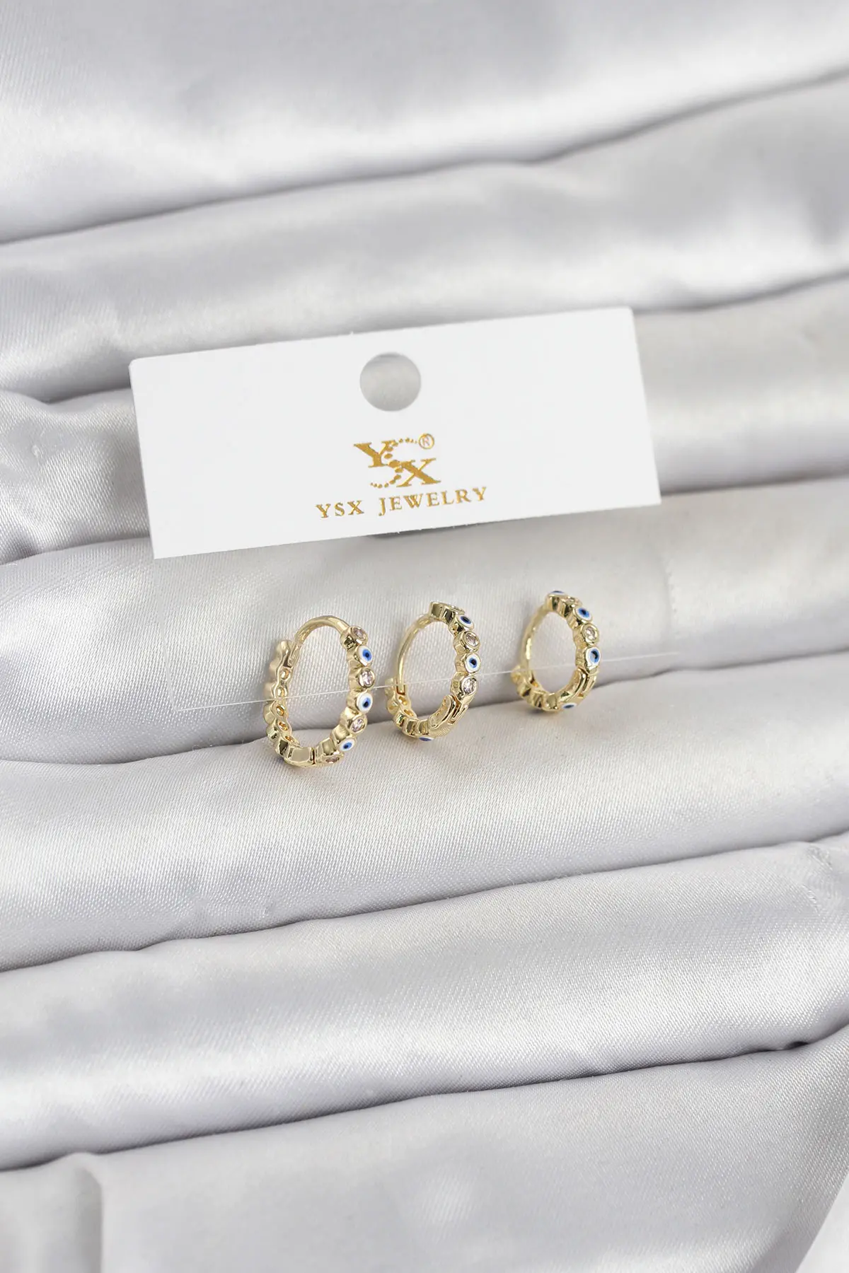 Pirinç Gold Renk Nazarlı Model 3'lü Kadın Küpe TJ-BKP11711