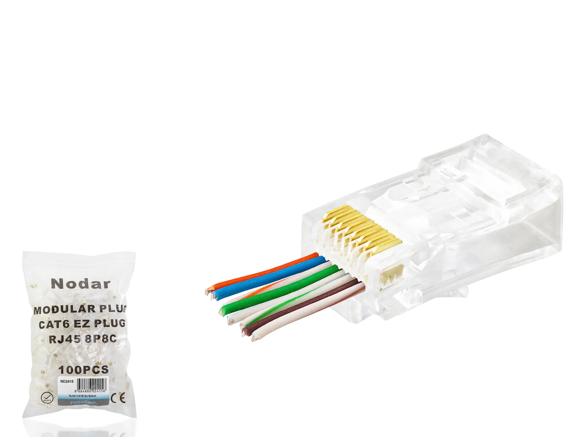 Cat6 Ez Rj45 Konnektör - 100 Adet Şeffaf / Ekonomik Poşet Paket ND2415
