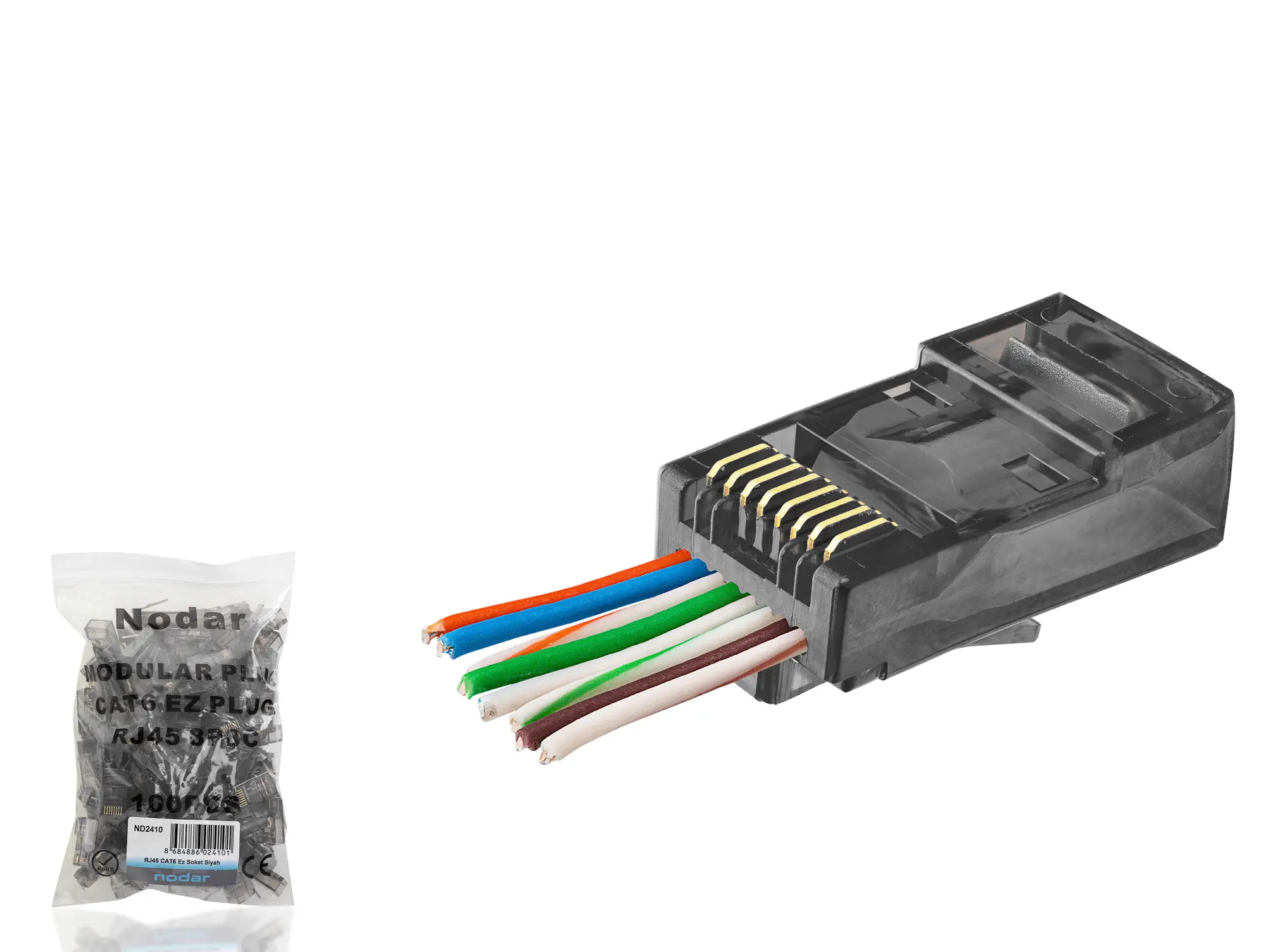Cat6 Ez Rj45 Konnektör - 100 Adet Siyah / Ekonomik Poşet Paket ND2410