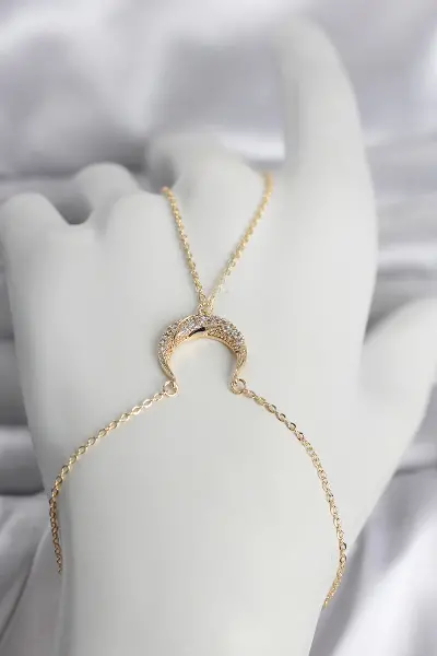 Pirinç Gold Renk Hilal Model Zirkon Taşlı Kadın Şahmeran TJ-SN751