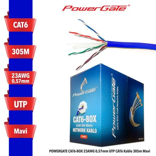 CAT6-BOX-BL, 23AWG 0,57mm, UTP, CAT6 Kablo, 305m, Mavi