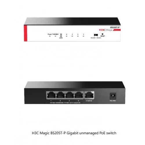 Magic BS205T-P, 5 Port, GigaBit, 4 Port PoE, 57W, +1 Port GigaBit Uplink, Metal Kasa, Yönetilemez, Masaüstü Switch