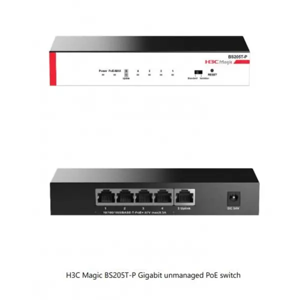 Magic BS205T-P, 5 Port, GigaBit, 4 Port PoE, 57W, +1 Port GigaBit Uplink, Metal Kasa, Yönetilemez, Masaüstü Switch