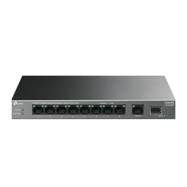 LS1210GP, Green Tech, 10 port Gigabit, 9 Port POE, +1 Port Gigabit SFP, 61W, Yönetilemez Masaüstü Switch