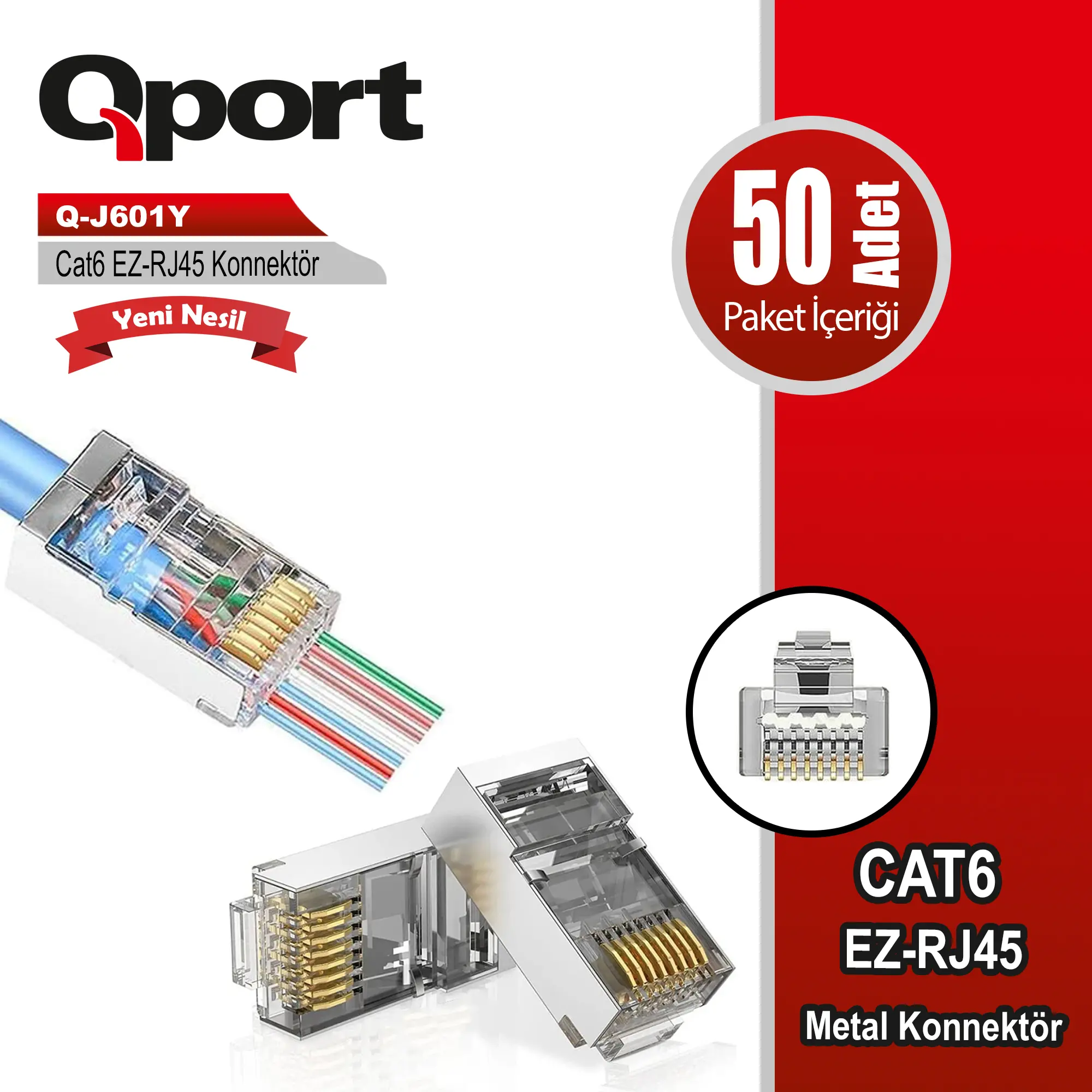 Q-J601Y CAT6 (50'Lik) EZ-RJ45 Metal Yeni Nesil Delikli Konnektör