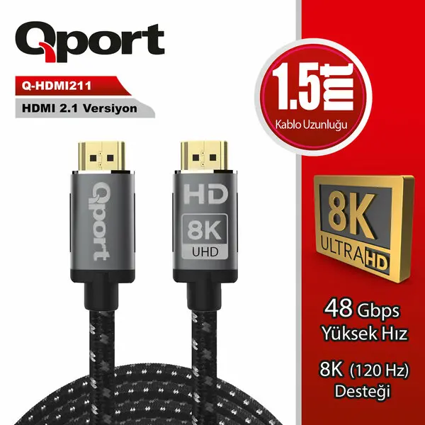 Q-HDMI211 1.5 Metre Q-HDMI211 2.1V 8K Altın Uçlu Örgülü HDMI Kablo
