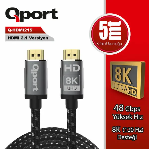 5 Metre Q-HDMI215 2.1V 8K Altın Uçlu Örgülü HDMI Kablo (Q-HDMI215)