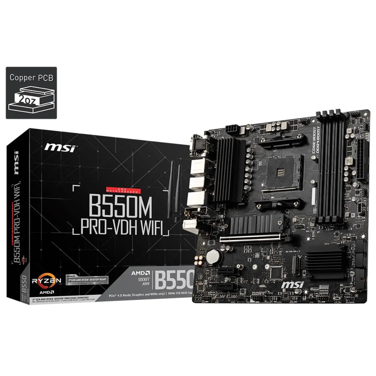 MSI B550M PRO-VDH WIFI AM4 Vga+Ses+GLan DDR4 HDMI DP M2 USB 3.2 mATX(BLK)