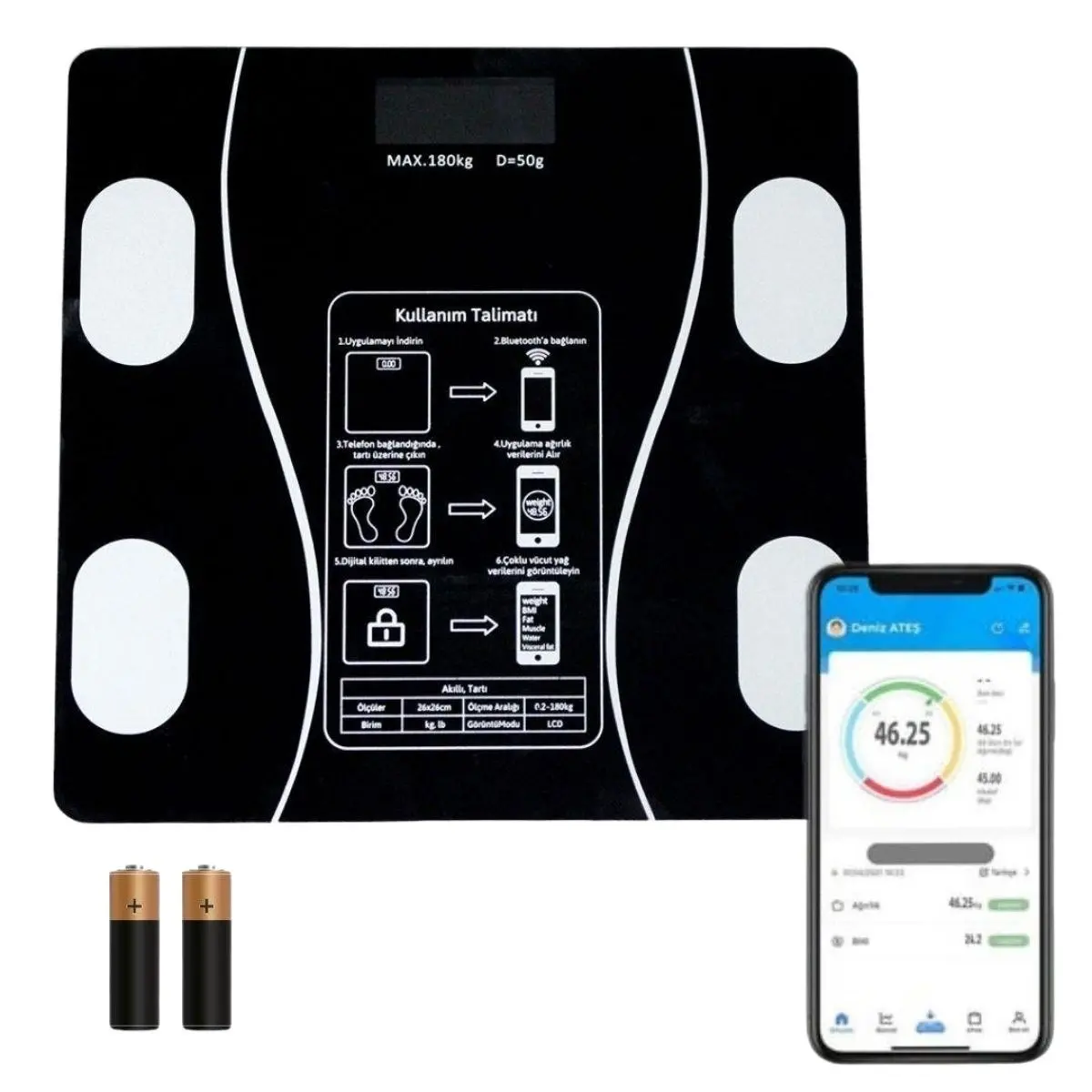 Dijital Baskül Yağ Ölçer Fonksiyonlu Akıllı Baskül Bluetooth Bağlantılı Tartı (4745)