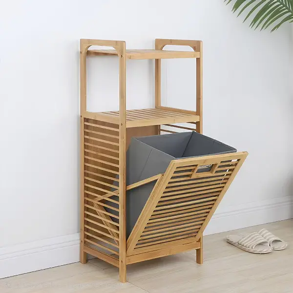 2 ORGANİZER RAFLI - ÇEK AÇ SEPET AHŞAP BAMBU KİRLİ ÇAMAŞIR SEPET 40X35X95CM (4745)