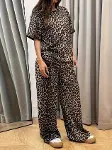 Kadın Kısa Kollu Bisiklet Yaka Iki Iplik Leopar Desenli Bluz Ve Pantolon Ikili Takım-2