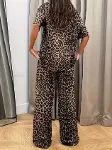 Kadın Kısa Kollu Bisiklet Yaka Iki Iplik Leopar Desenli Bluz Ve Pantolon Ikili Takım-5