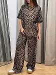 Kadın Kısa Kollu Bisiklet Yaka Iki Iplik Leopar Desenli Bluz Ve Pantolon Ikili Takım-1