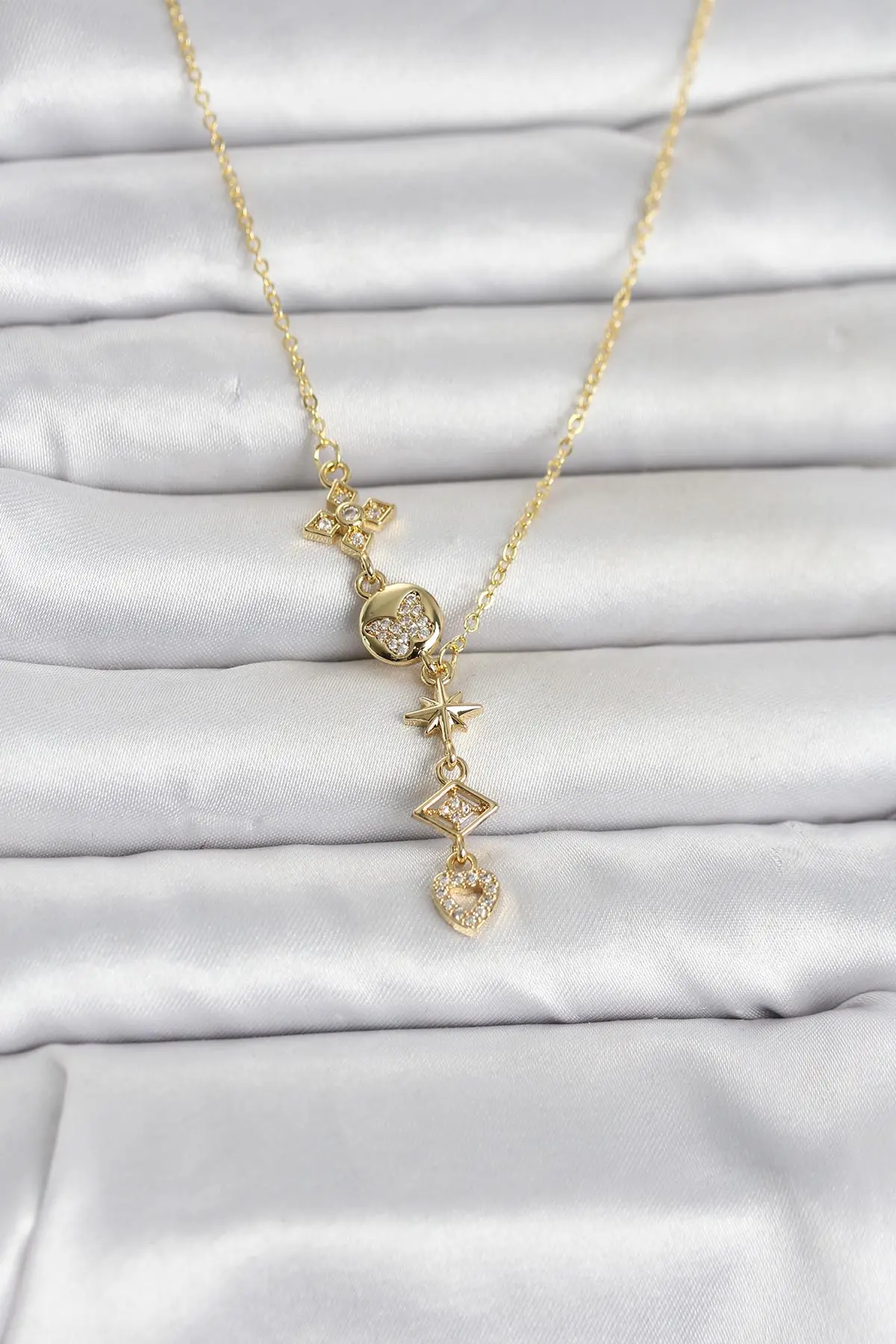 316L Çelik Gold Renk Zirkon Taşlı Y Kadın Kolye TJ-BKO11053