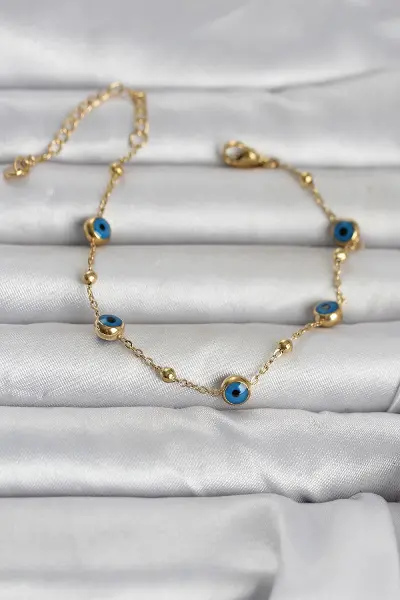 316L Çelik Gold Renk Top Zincirli Nazarlı Kadın Bileklik TJ-BB8388