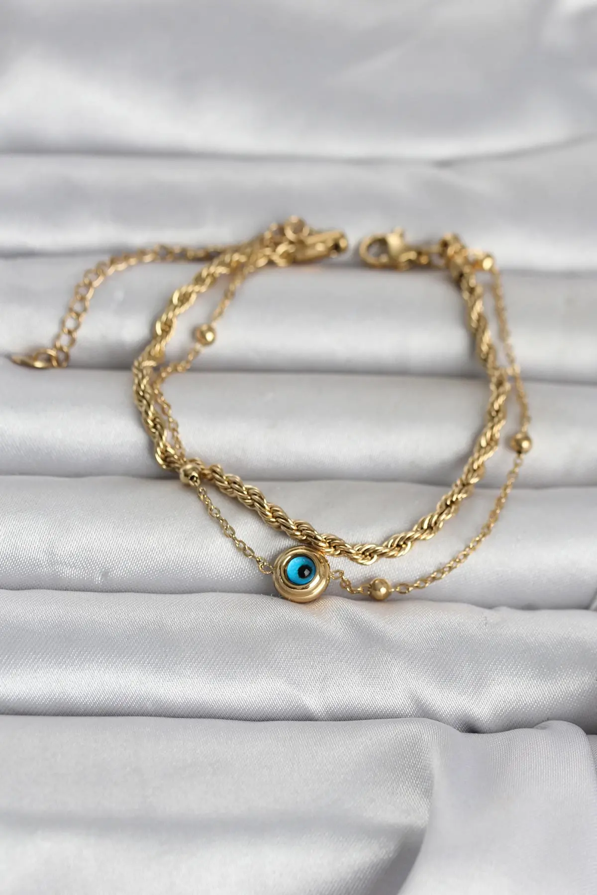 316L Çelik Gold Renk Burgu Zincir ve Nazarlı Kadın Bileklik TJ-BB8389