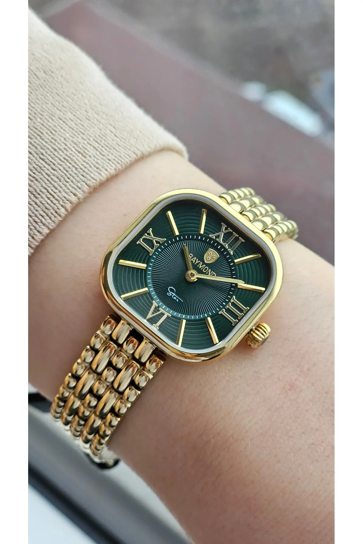 RYM-211503 RETRO KARE ÇELİK KADIN KOL SAATİ - 2 YIL GARANTİ GOLD-YEŞİL