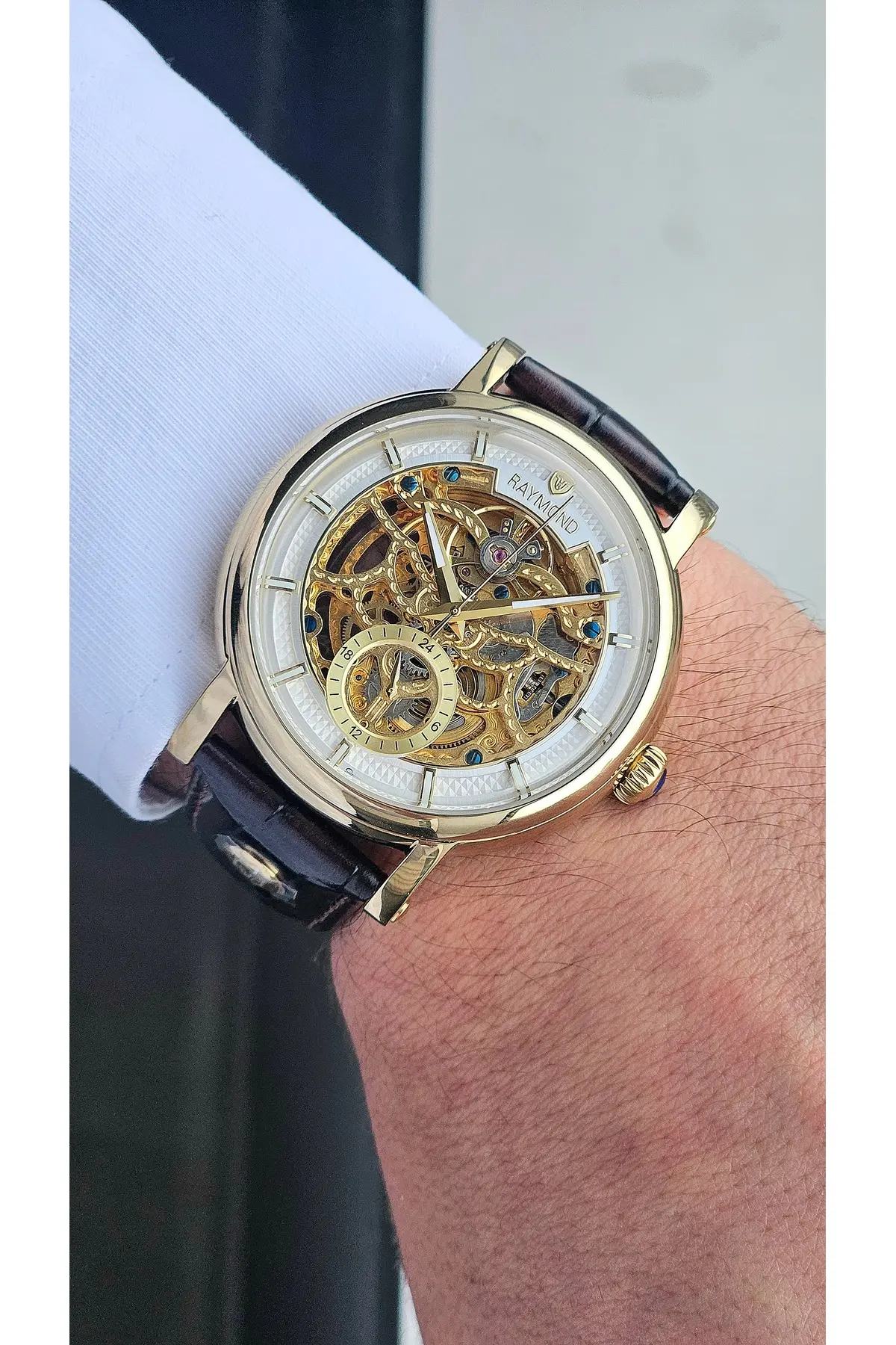 RYM-4853 OTOMATİK ERKEK İSKELET MODEL KOL SAATİ - ÇELİK KASA - DERİ KORDON -2 YIL GARANTİ GOLD-BRW-W