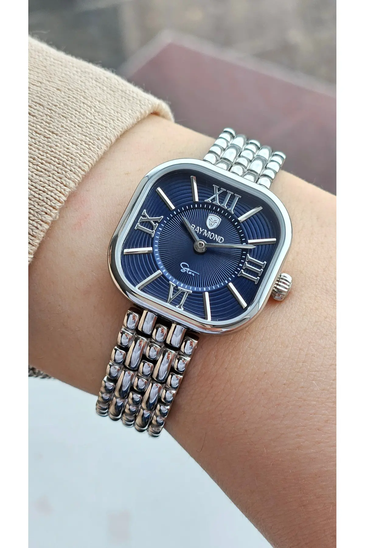RYM-211503 RETRO KARE ÇELİK KADIN KOL SAATİ - 2 YIL GARANTİ GÜMÜŞ-MAVİ