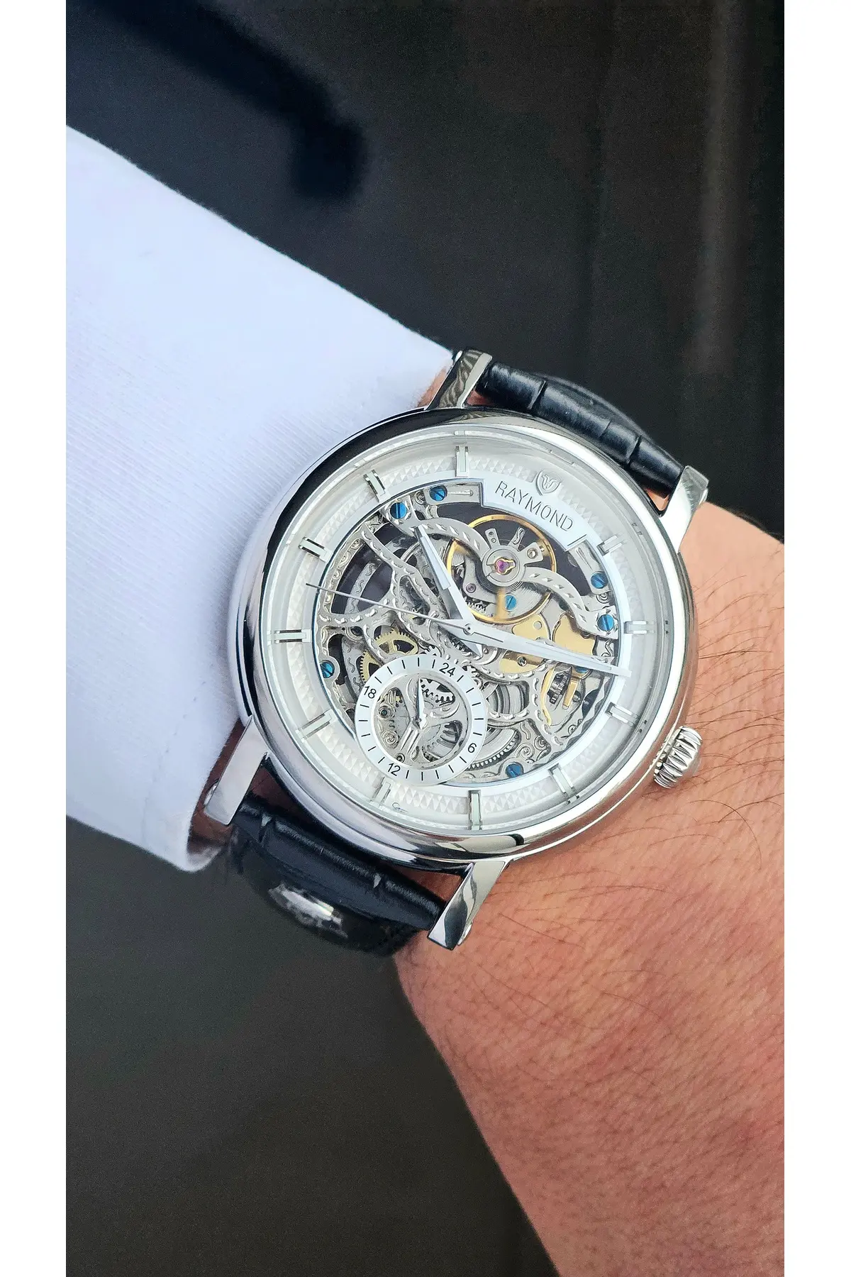 RYM-4853 OTOMATİK ERKEK İSKELET MODEL KOL SAATİ - ÇELİK KASA - DERİ KORDON - 2 YIL GARANTİ SS-BK-W