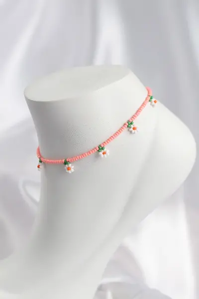 Pembe Renk Boncuklu Papatya Motifli Halhal TJ-HH1668