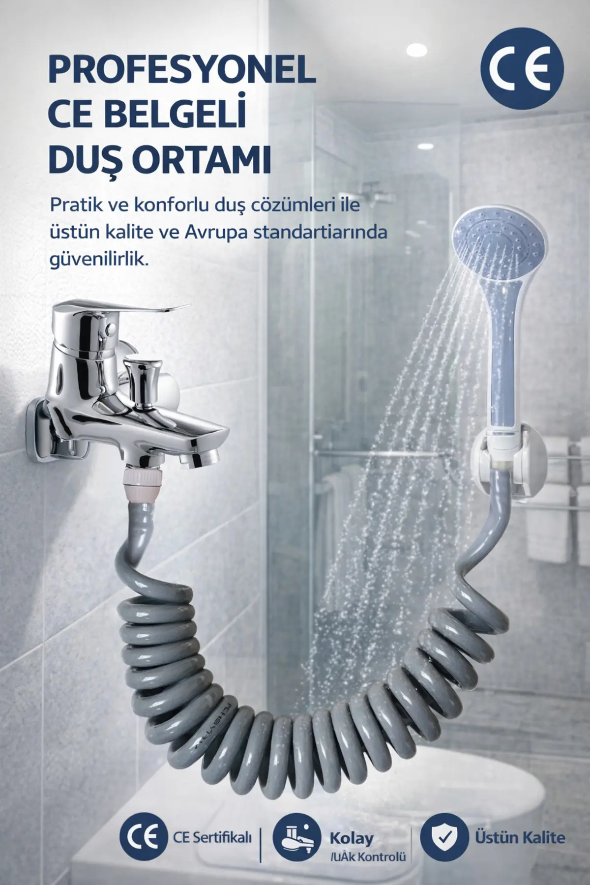 Gri Spiral Duş Hortumu ve Seti 2.5 Metre, Şık ve Dayanıklı Tasarım