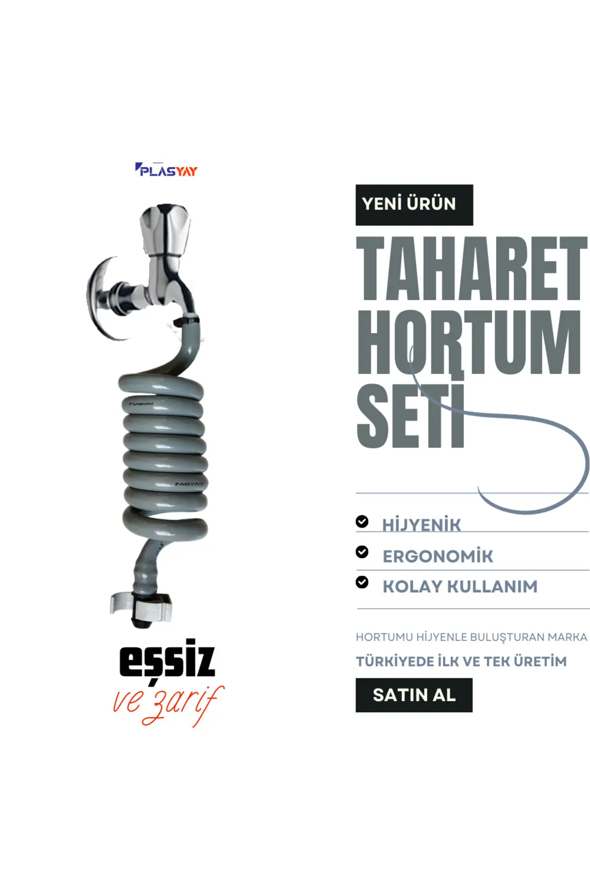 Spiral Taharet Matik Hortum Kelepçeli Ve Duvara Sabitlemeli Gri 120 Cm