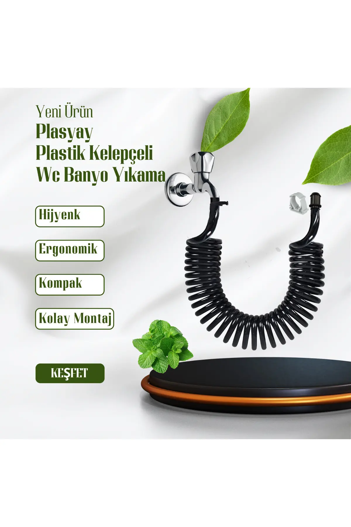 Spiral Wc Taharet Hortum Matik ve Wc Banyo Yıkama Plastik Kelepçeli Set Siyah Inci 1.5 Metre