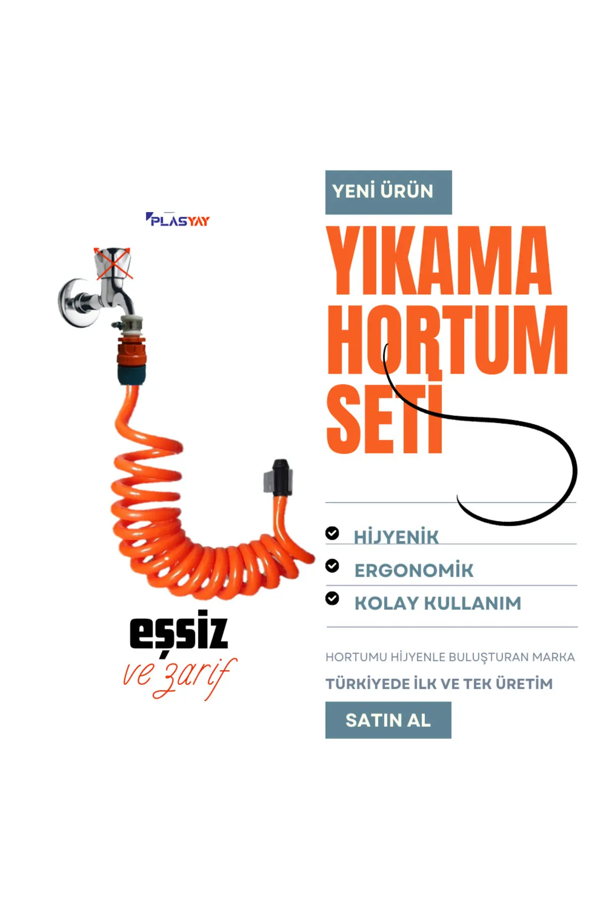 Spiral Balkon Wc Banyo Veranda Yıkama Hortum Kelepçe Adaptörlü Set Turuncu 3.5 Metre